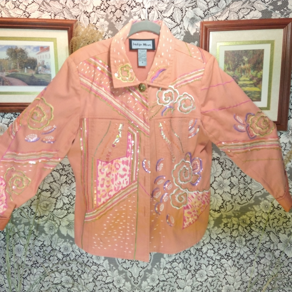 Indigo Moon Orange Peach Boho Patchwork Jacket Be… - image 1